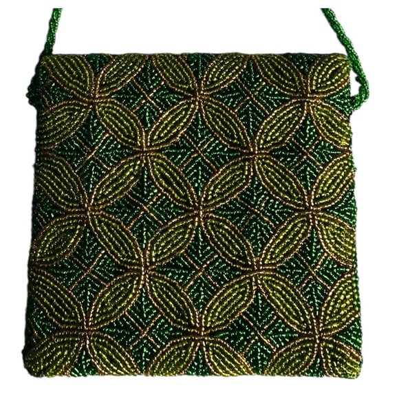 Vintage Art Deco Style Glass Beaded Shoulder Handbag w/ Circular Motif - Picture 7 of 14